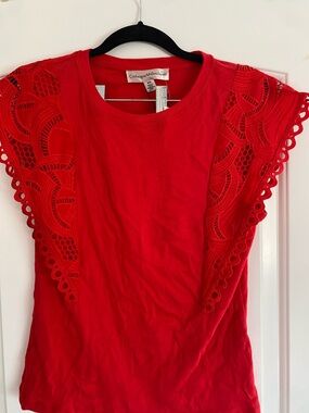 Catherine Malandrino Red Short Sleeve Lace-Trim Top